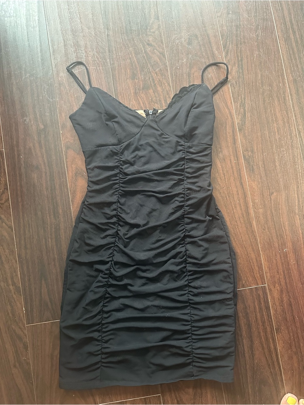 Guess Black Ruched Spaghetti Strap Mini Dress